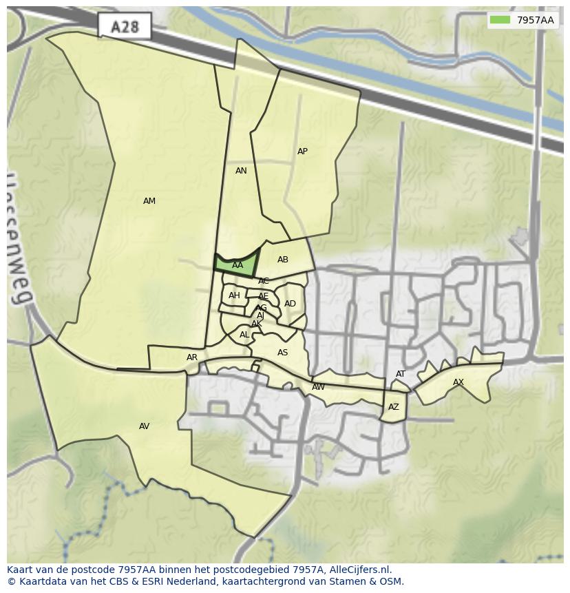 Afbeelding van het postcodegebied 7957 AA op de kaart.