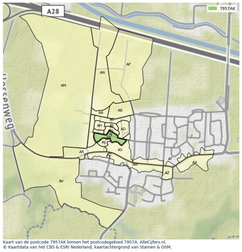 Afbeelding van het postcodegebied 7957 AK op de kaart.