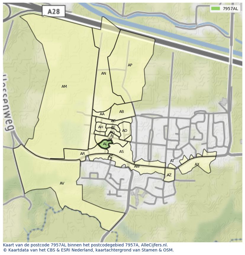 Afbeelding van het postcodegebied 7957 AL op de kaart.