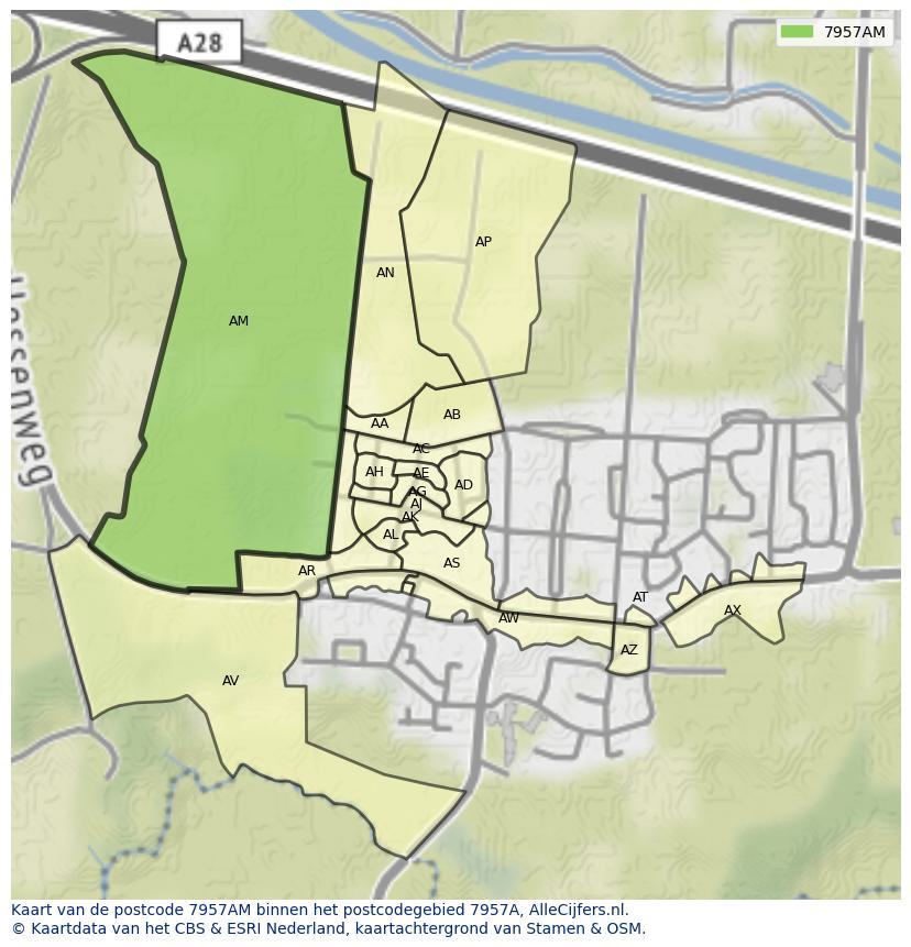 Afbeelding van het postcodegebied 7957 AM op de kaart.