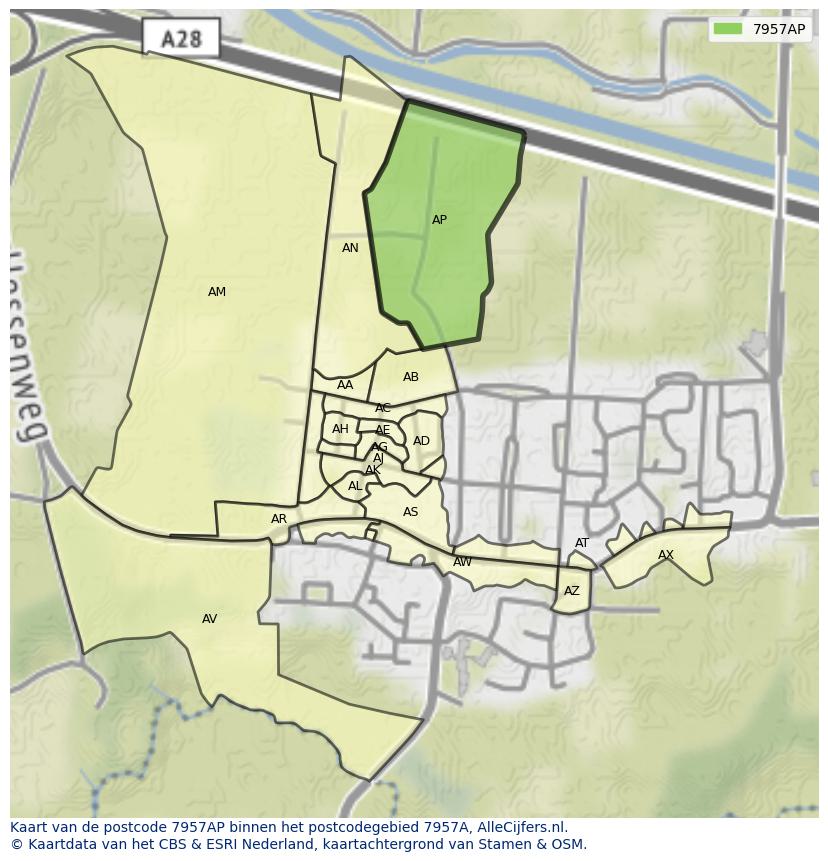 Afbeelding van het postcodegebied 7957 AP op de kaart.