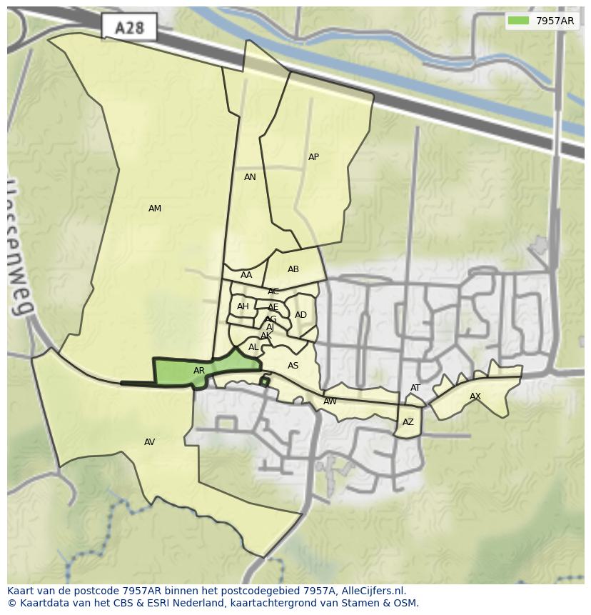 Afbeelding van het postcodegebied 7957 AR op de kaart.