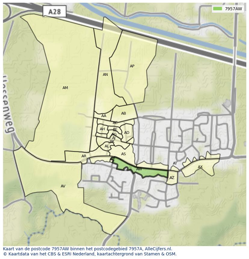 Afbeelding van het postcodegebied 7957 AW op de kaart.