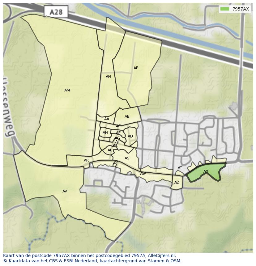Afbeelding van het postcodegebied 7957 AX op de kaart.