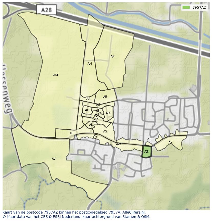 Afbeelding van het postcodegebied 7957 AZ op de kaart.