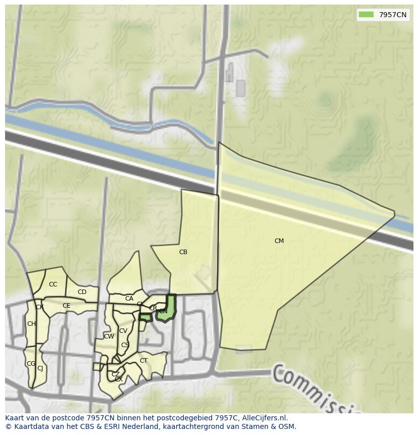 Afbeelding van het postcodegebied 7957 CN op de kaart.