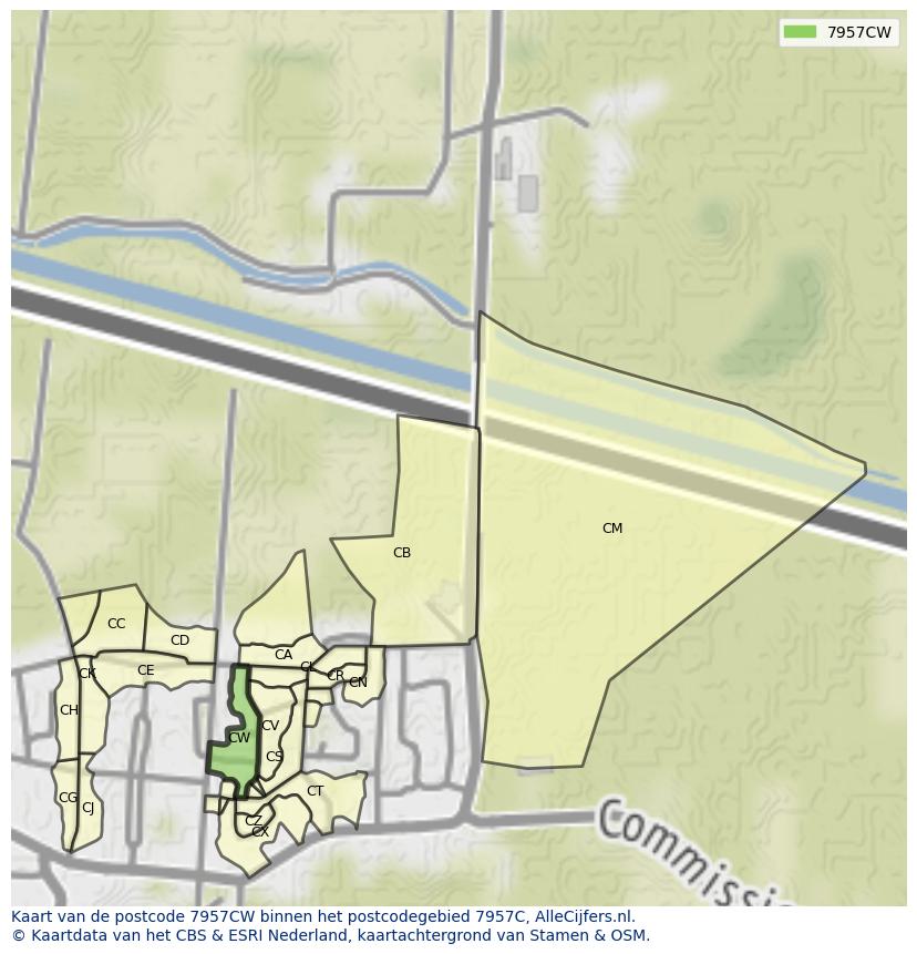 Afbeelding van het postcodegebied 7957 CW op de kaart.