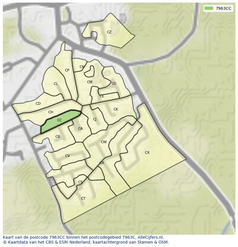 Afbeelding van het postcodegebied 7963 CC op de kaart.