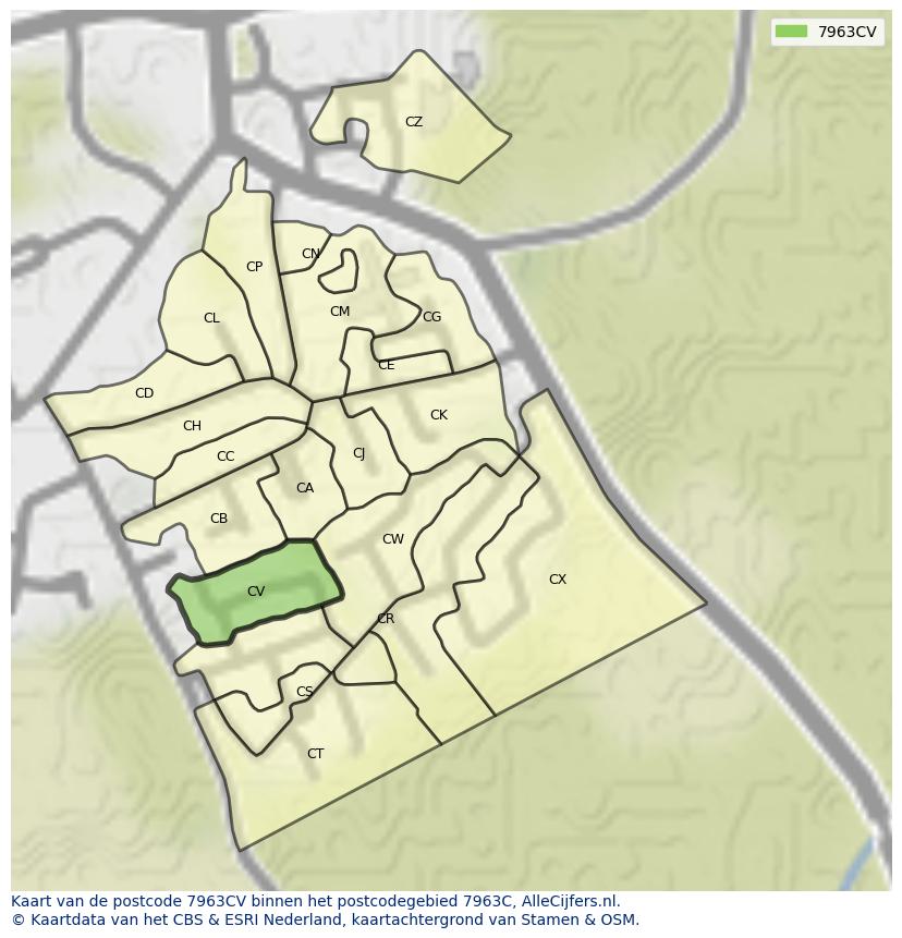 Afbeelding van het postcodegebied 7963 CV op de kaart.