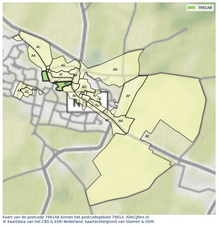 Afbeelding van het postcodegebied 7981 AB op de kaart.