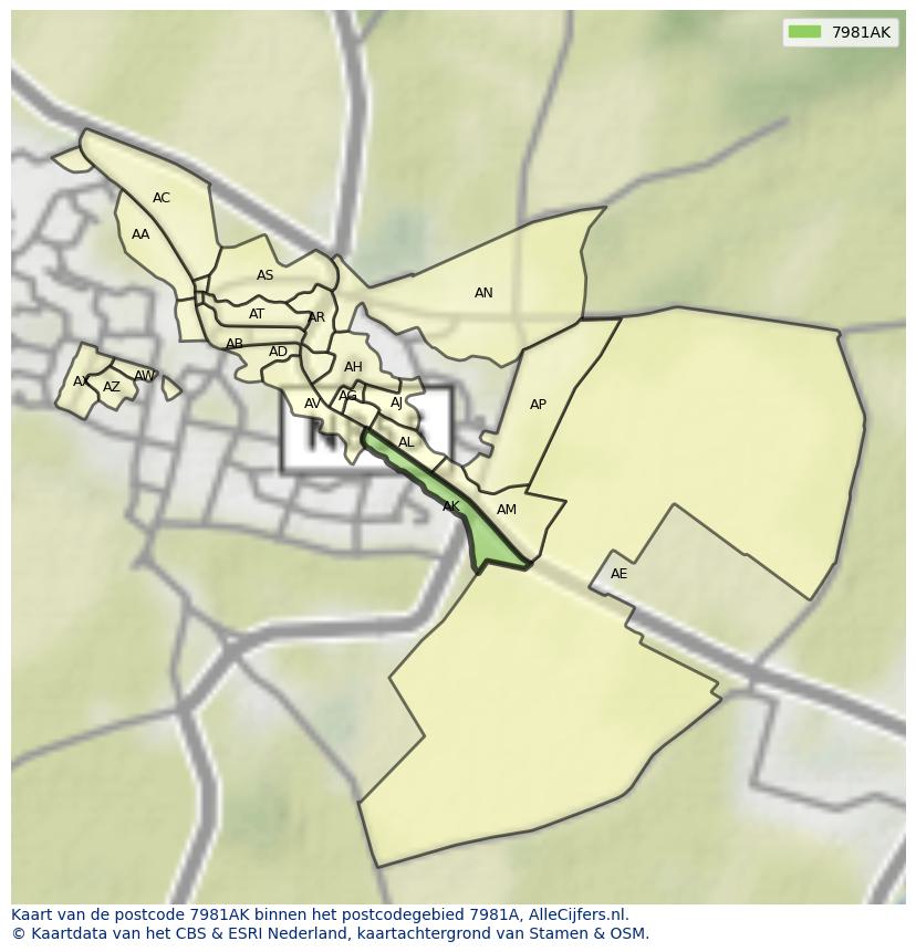 Afbeelding van het postcodegebied 7981 AK op de kaart.