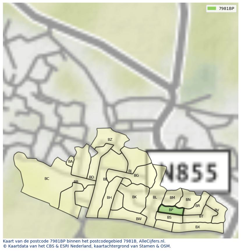 Afbeelding van het postcodegebied 7981 BP op de kaart.
