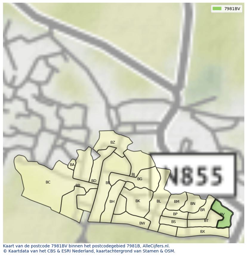 Afbeelding van het postcodegebied 7981 BV op de kaart.