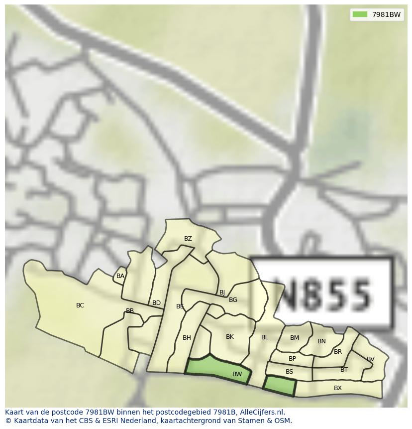 Afbeelding van het postcodegebied 7981 BW op de kaart.