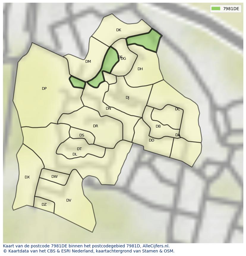 Afbeelding van het postcodegebied 7981 DE op de kaart.
