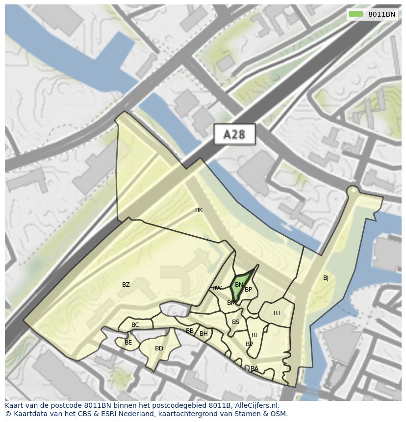 Afbeelding van het postcodegebied 8011 BN op de kaart.