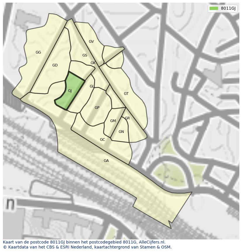 Afbeelding van het postcodegebied 8011 GJ op de kaart.