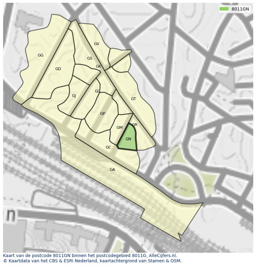 Afbeelding van het postcodegebied 8011 GN op de kaart.