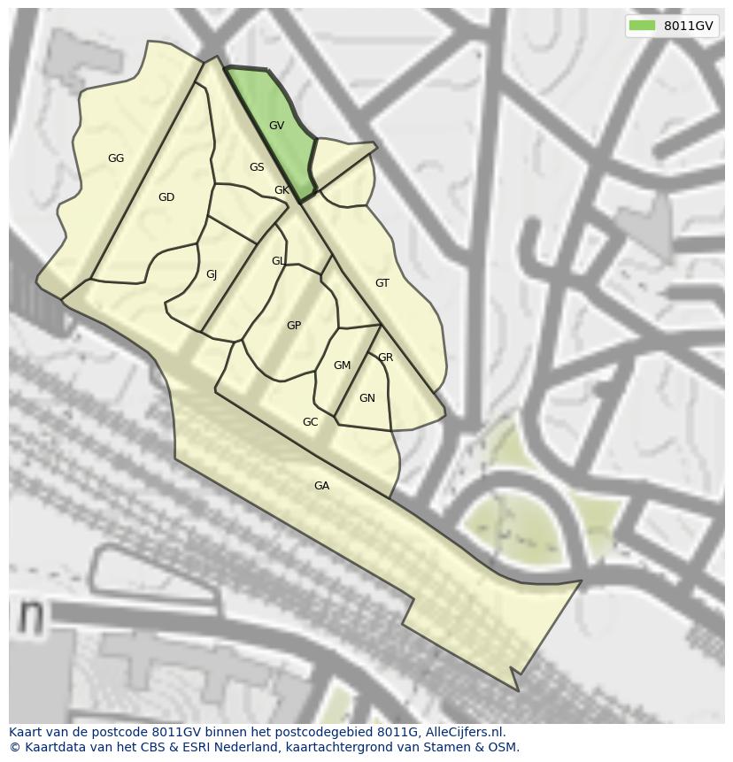Afbeelding van het postcodegebied 8011 GV op de kaart.