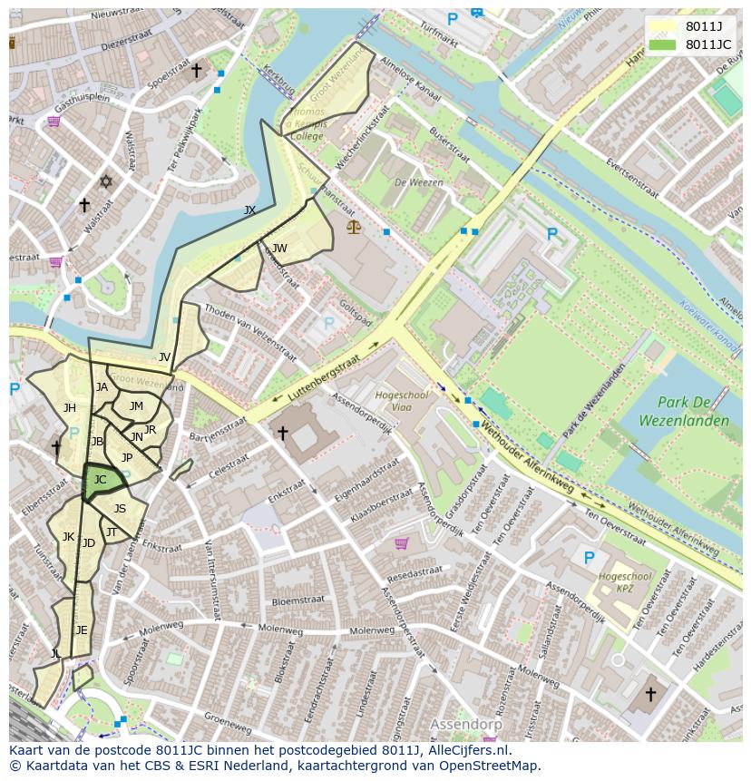 Afbeelding van het postcodegebied 8011 JC op de kaart.