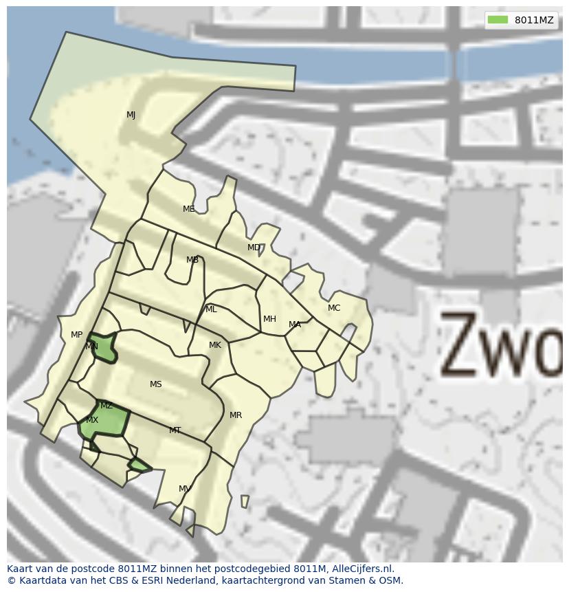 Afbeelding van het postcodegebied 8011 MZ op de kaart.