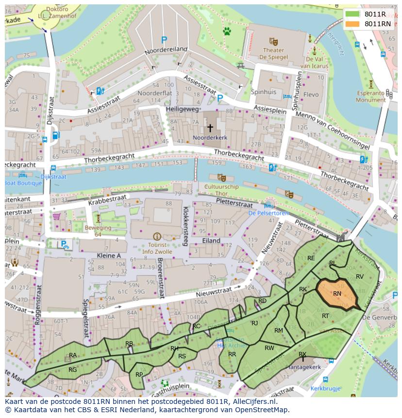 Afbeelding van het postcodegebied 8011 RN op de kaart.