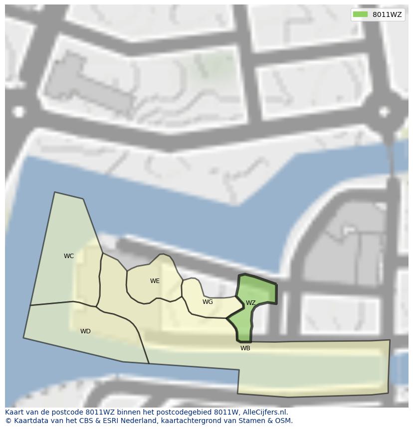 Afbeelding van het postcodegebied 8011 WZ op de kaart.