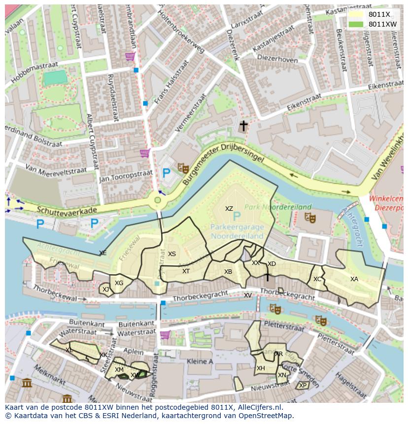 Afbeelding van het postcodegebied 8011 XW op de kaart.