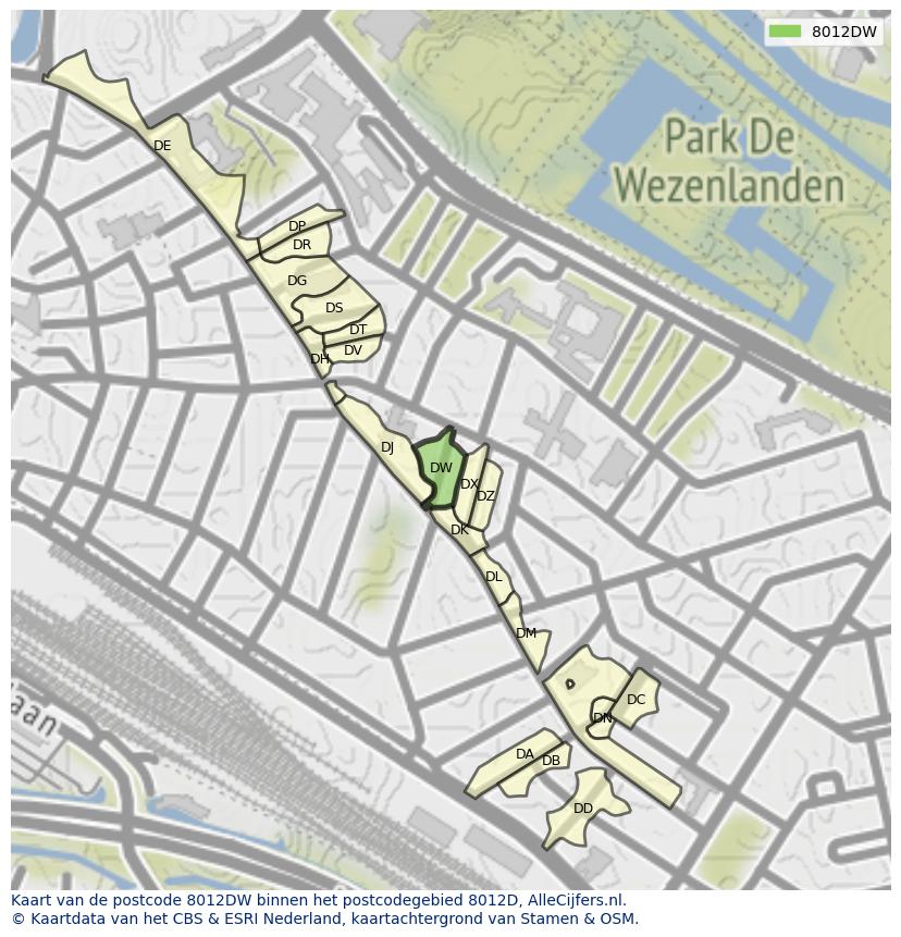 Afbeelding van het postcodegebied 8012 DW op de kaart.