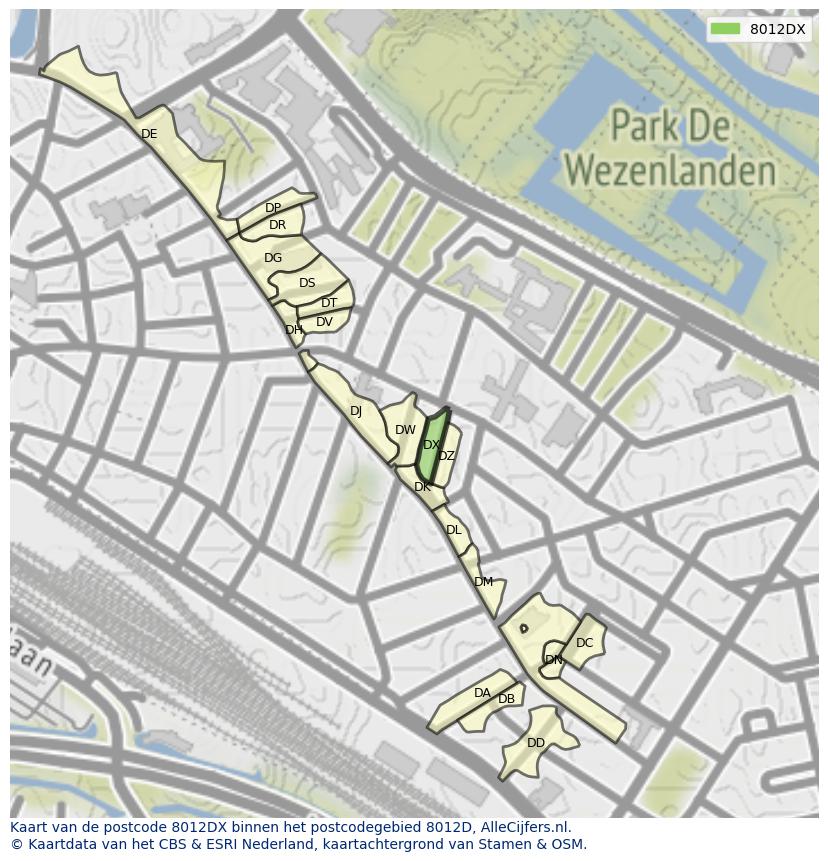 Afbeelding van het postcodegebied 8012 DX op de kaart.