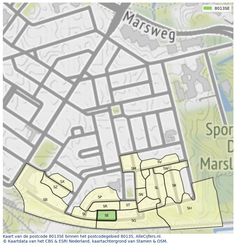 Afbeelding van het postcodegebied 8013 SE op de kaart.