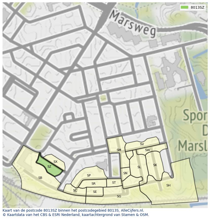 Afbeelding van het postcodegebied 8013 SZ op de kaart.