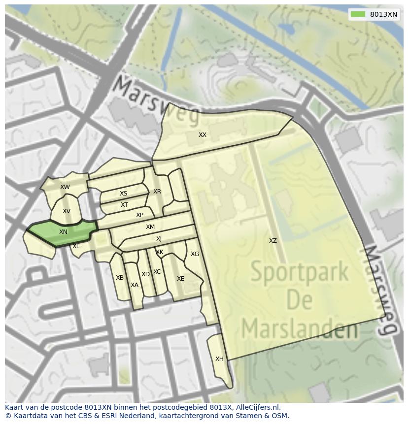 Afbeelding van het postcodegebied 8013 XN op de kaart.