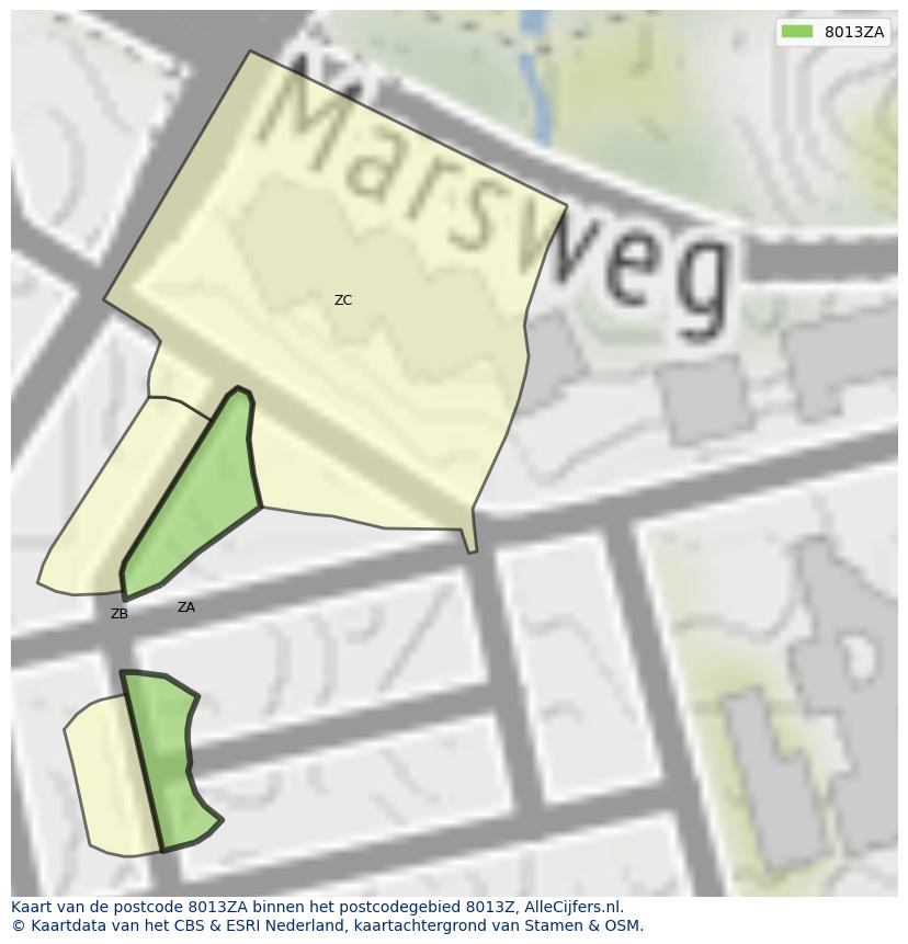 Afbeelding van het postcodegebied 8013 ZA op de kaart.