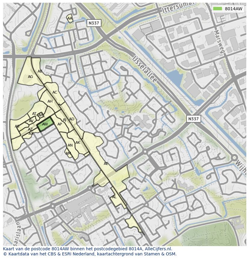 Afbeelding van het postcodegebied 8014 AW op de kaart.