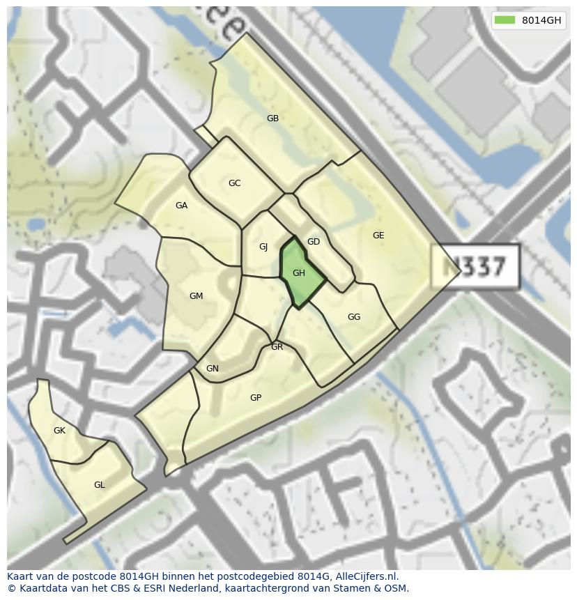 Afbeelding van het postcodegebied 8014 GH op de kaart.