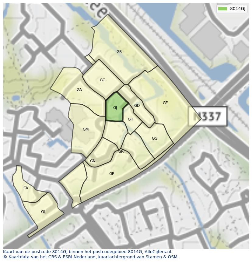 Afbeelding van het postcodegebied 8014 GJ op de kaart.