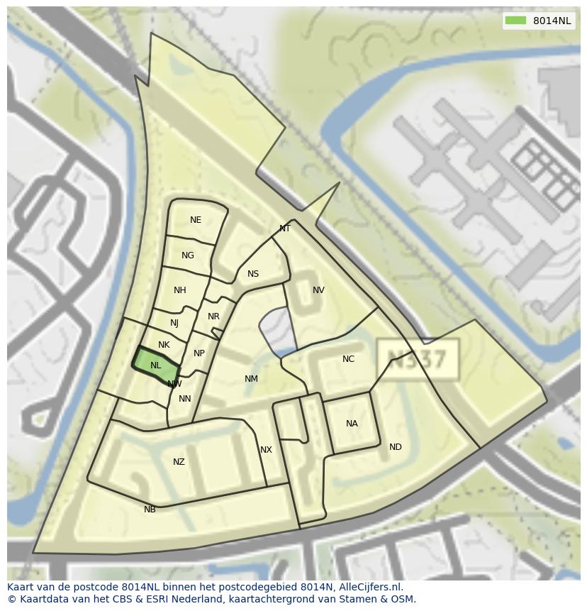 Afbeelding van het postcodegebied 8014 NL op de kaart.