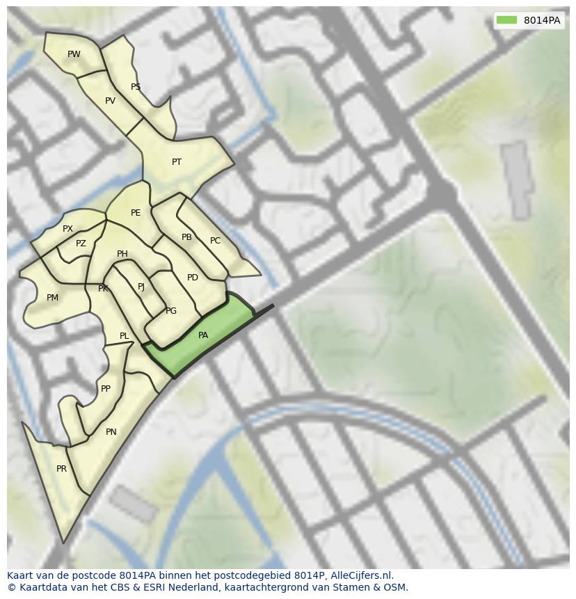 Afbeelding van het postcodegebied 8014 PA op de kaart.