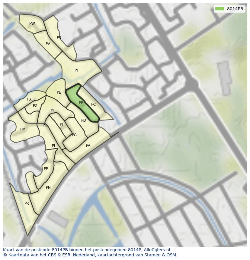 Afbeelding van het postcodegebied 8014 PB op de kaart.