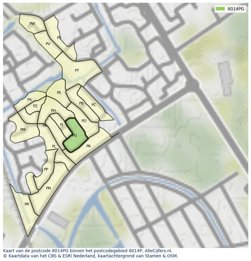 Afbeelding van het postcodegebied 8014 PG op de kaart.