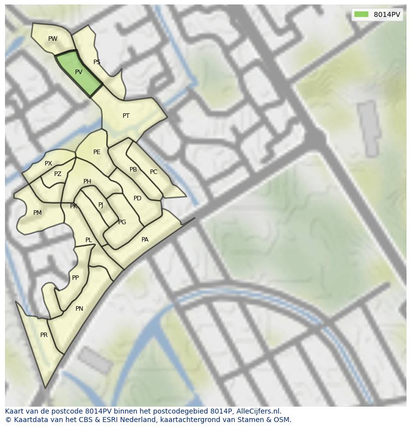 Afbeelding van het postcodegebied 8014 PV op de kaart.