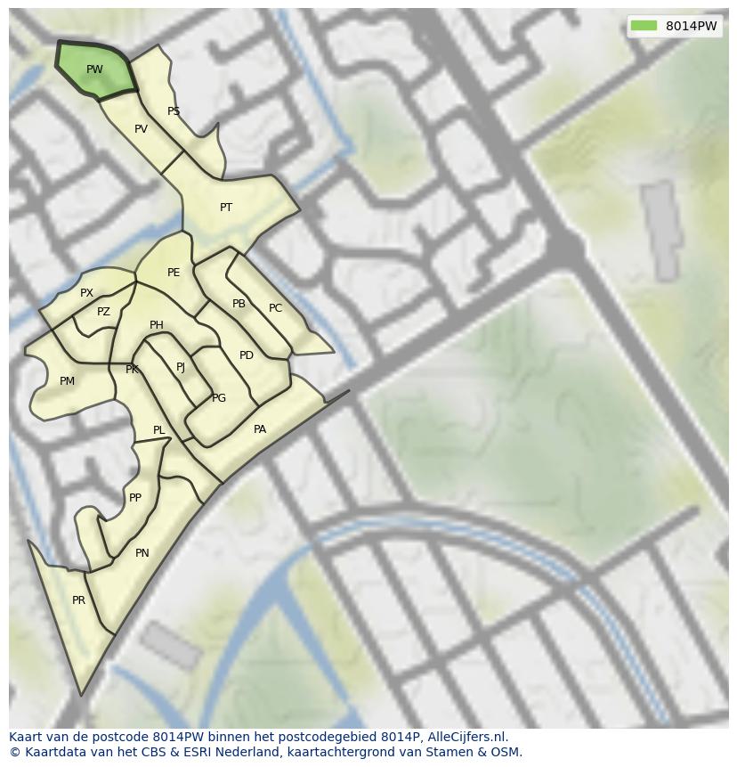 Afbeelding van het postcodegebied 8014 PW op de kaart.