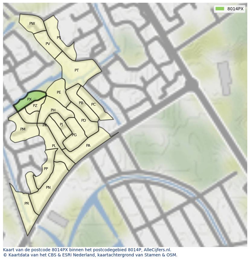 Afbeelding van het postcodegebied 8014 PX op de kaart.