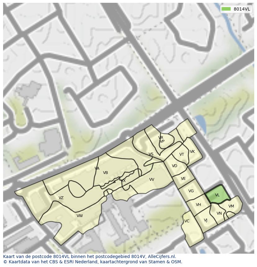 Afbeelding van het postcodegebied 8014 VL op de kaart.