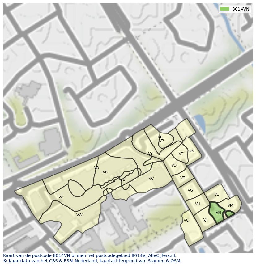 Afbeelding van het postcodegebied 8014 VN op de kaart.