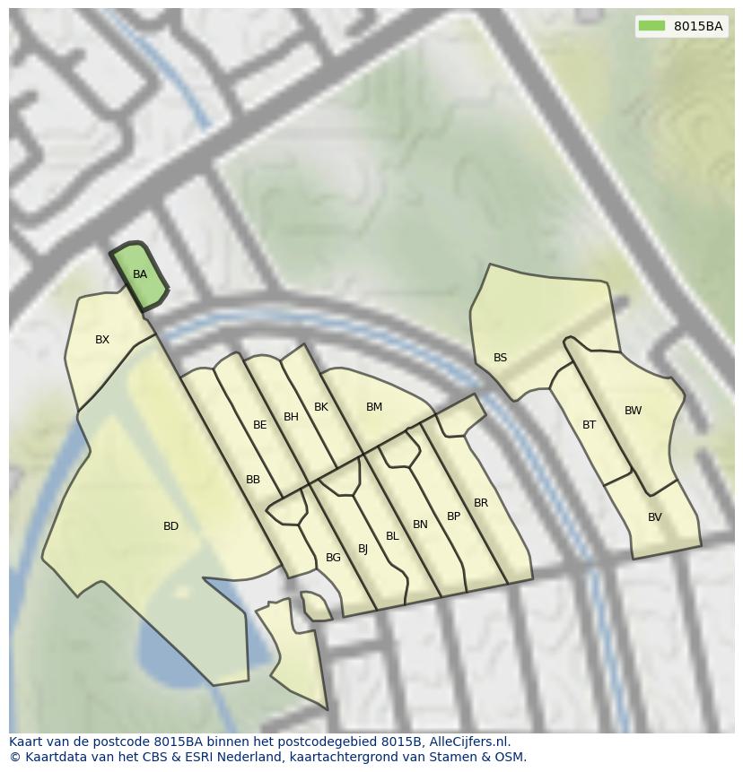 Afbeelding van het postcodegebied 8015 BA op de kaart.