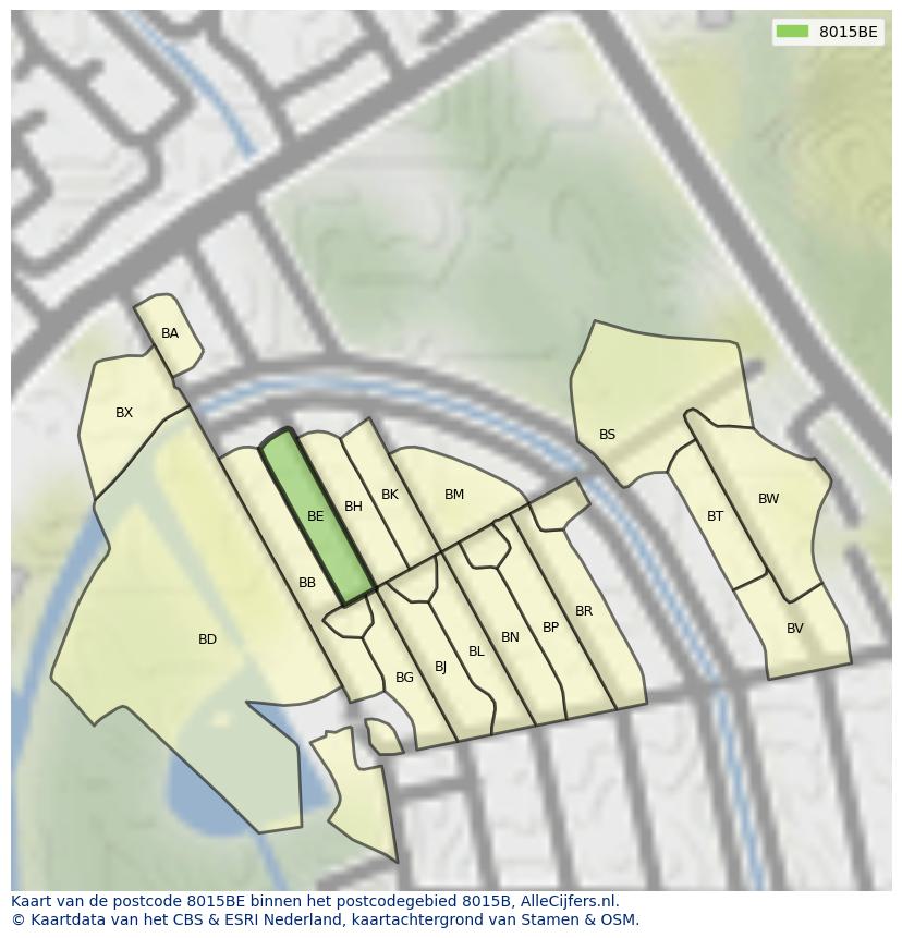 Afbeelding van het postcodegebied 8015 BE op de kaart.