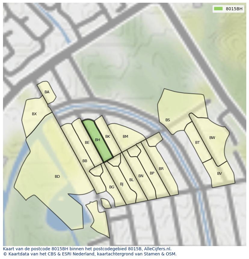 Afbeelding van het postcodegebied 8015 BH op de kaart.