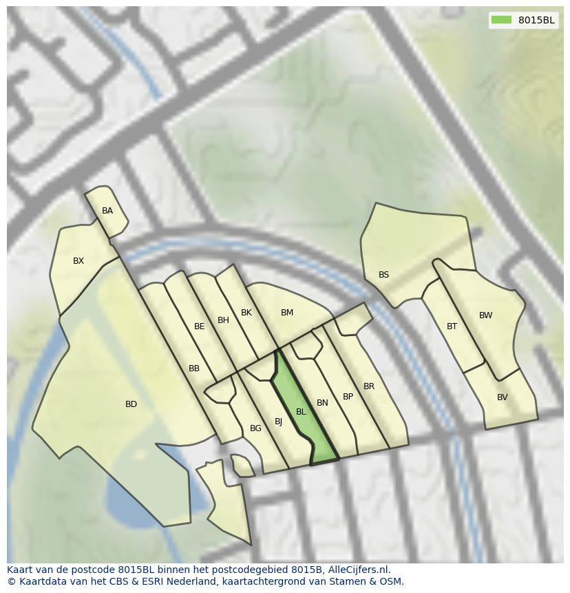 Afbeelding van het postcodegebied 8015 BL op de kaart.